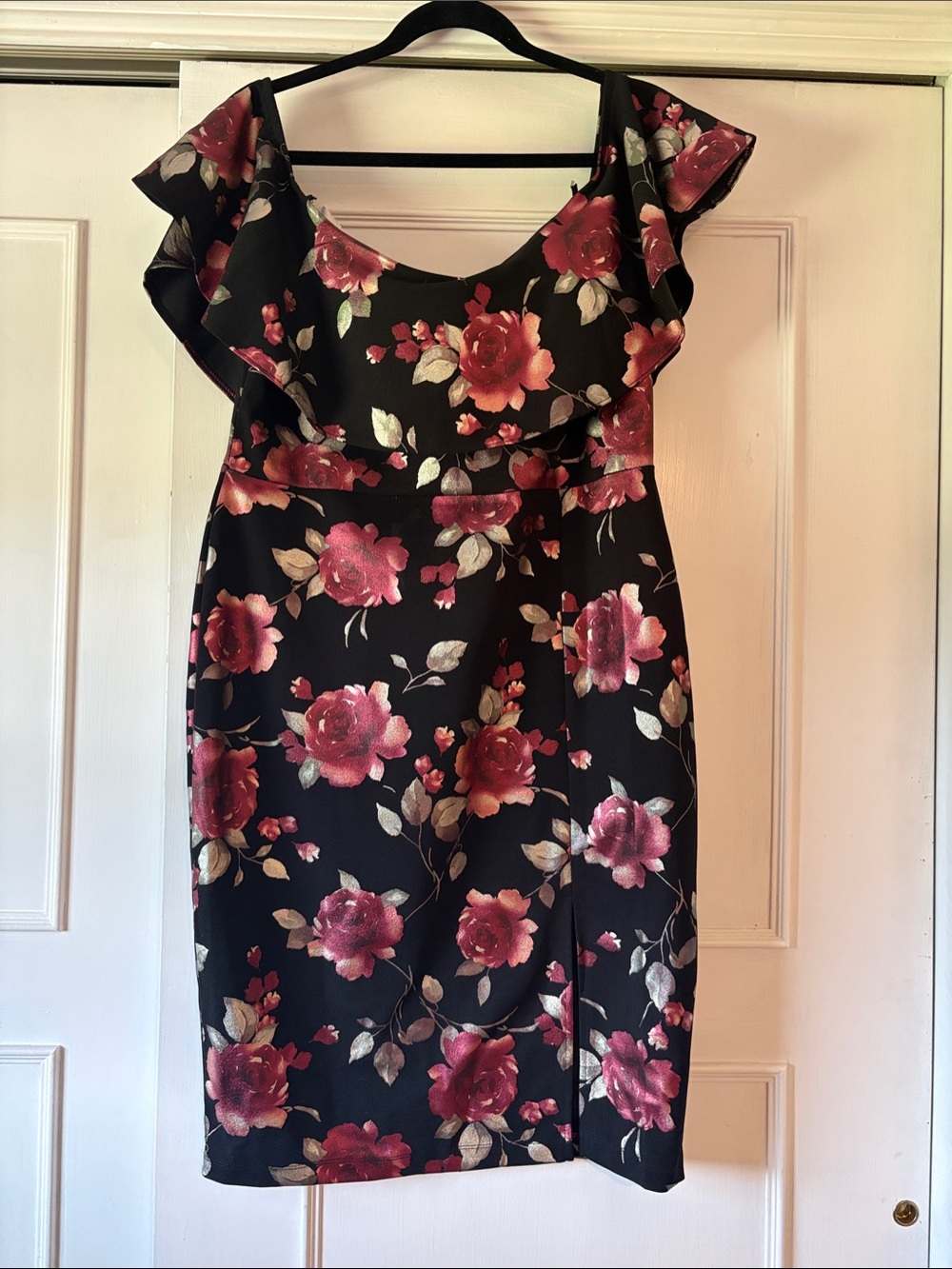 Floral Off-Shoulder Black Dress with Pink Rose Print